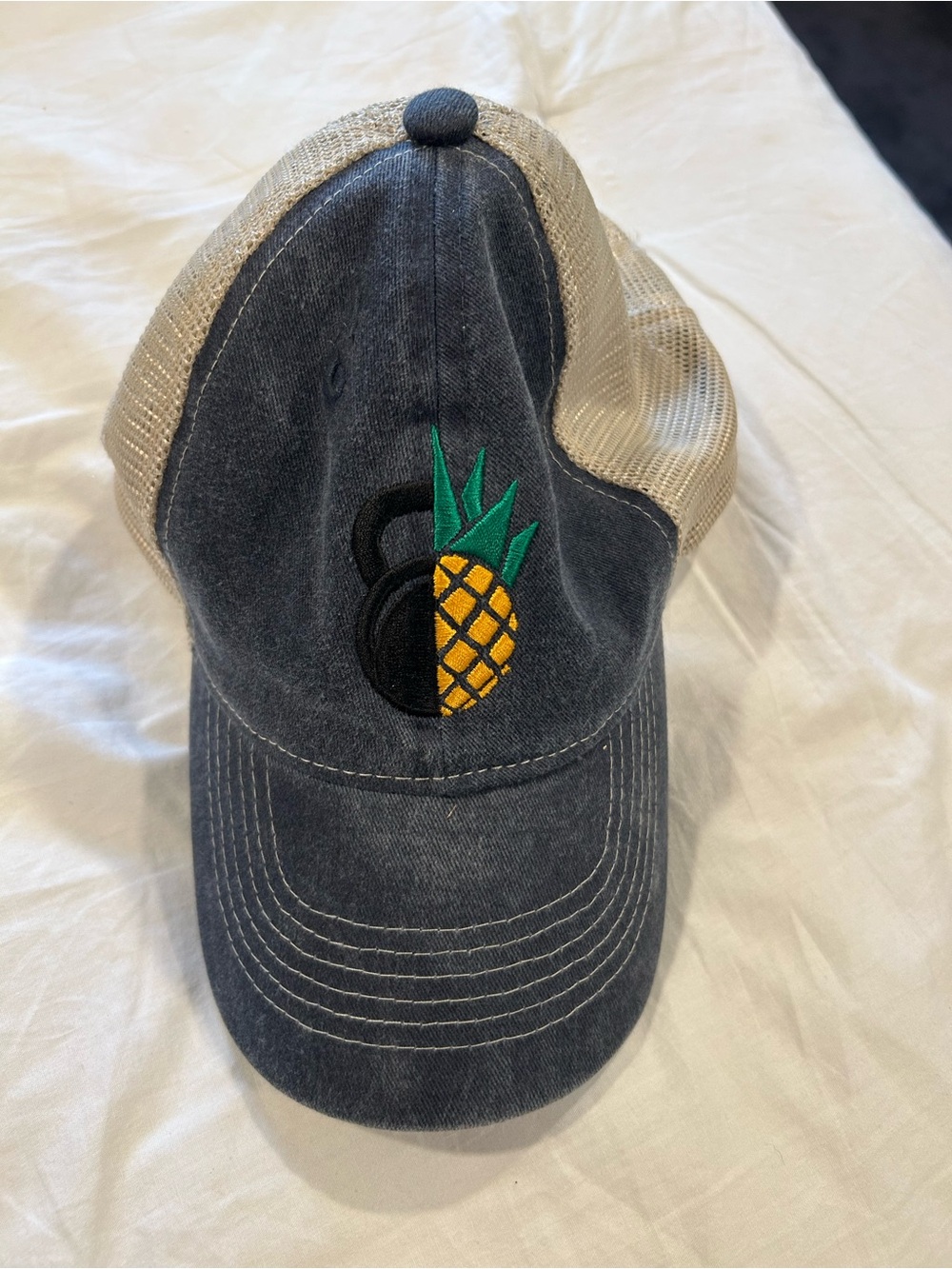 Womens Pineapple Embroidered Trucker Hat - Navy and Tan